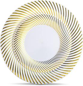 img 1 attached to Laura Stein Designer Dinnerware Set: Premium White Wedding Plates with Gold Rim - 80 Disposable Plastic Party Plates - Heavy Duty Dinner and Salad Plates - Curve Series