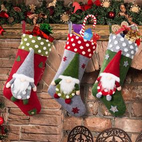 img 4 attached to Habibee 3 Pcs Christmas Stockings: 18inch Large Size with 3D Plush Gnomes Santa | Festive Hanging Rope Decorations for Party & Home Decor - Burlap Bags Included