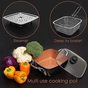 img 3 attached to 🍳 Moss & Stone 5 Piece Copper Chef Cookware Set - Non Stick Pan, Deep Square Pan, Fry Basket, Steamer Tray, Dishwasher & Oven Safe - 5 Quart Copper Pot Set - Black Induction Cookware Set