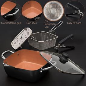 img 2 attached to 🍳 Moss & Stone 5 Piece Copper Chef Cookware Set - Non Stick Pan, Deep Square Pan, Fry Basket, Steamer Tray, Dishwasher & Oven Safe - 5 Quart Copper Pot Set - Black Induction Cookware Set