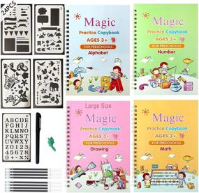 img 4 attached to 📚 Enhance Kids' Writing Skills with 4pcs Magic Practice Copybook – Large Size and 24pcs Journal Stencils - The Print Handwriting Workbook for Reusable Writing Practice