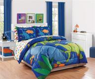 🦖 mk collection 7pc queen comforter set: dinosaur-inspired bedding in blue, green, orange, red and white logo