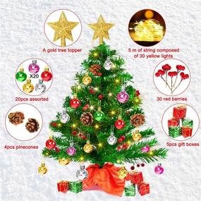 img 3 attached to 🎄 20-inch Tabletop Mini Christmas Tree - Artificial Small Xmas Tree Decor with 50 LED String Lights, Star Tree Topper, Holly Berries, Ornaments, and Wooden Base - Holiday Season Decorations for Christmas DIY