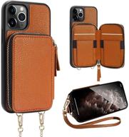 brown iphone 11 pro max case with credit card holder slot, zve wallet crossbody chain strap protective leather cover bumper for apple iphone 11 pro max 6.5 inch logo