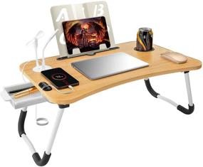 img 4 attached to Foldable Lap Desk Bed Tray Table with USB Charging Port, Cord Organizer, Storage Drawer, Reading Stand, and Cup Holder - Ideal Laptop Desk for Bed, Couch, Eating, Working, and Writing