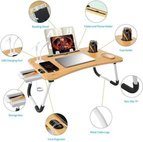 img 3 attached to Складной стол для кровати с подставкой для ноутбука, столом для еды, местом для зарядки USB, органайзером для проводов, выдвижным ящиком, подставкой для чтения и держателем для кружки - идеальный стол для ноутбука в кровати, на диване, для еды, работы и письма.