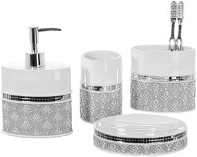 img 2 attached to 🛁 Gray & White Damask 6-Piece Bathroom Accessory Set by Creative Scents - Includes Decorative Soap Dispenser, Soap Dish, Tumbler, Toothbrush Holder, Tissue Cover, Wastebasket