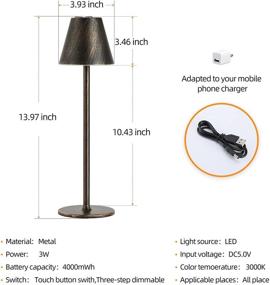 img 3 attached to 🍃 Cordless Table Lamp, Rechargeable Desk Lamp with 4000mAh Battery, Adjustable 3-Level Brightness Night Light, Elegant Metal Shell, Minimalist Design for Reading, Couple Dinner, Coffee Table, Restaurant, Bedroom (Vintage Copper)