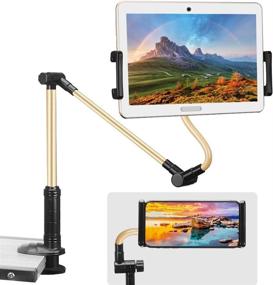 img 4 attached to 📱 Aqonsie Gooseneck Phone Holder Bed Mount Clip with 360° Rotation- Flexible & Hard Arm Bracket for iPad, Tablet, 4-14" Phones - Foldable Cell Phone Stand for Desk, Bed, Sofa, Kitchen, Office (Gold)