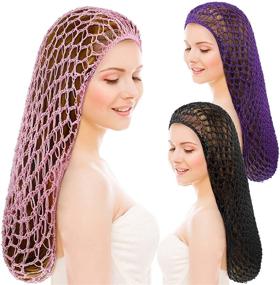 img 4 attached to 🎩 Soft Rayon Snood Hat: 3-Piece Crocheted Hair Net Cap Set - 20 Inch Mesh Crochet Sleeping Cap Hair Accessories for Women