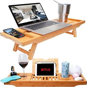 img 4 attached to Bambooware Bamboo Bath Tray and Laptop Desk with Foldable Legs - Unique Zen Design Bathtub Caddy, Adjustable Legs, Wine Glass & iPad Holder