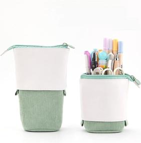 img 4 attached to Pencil Telescopic Stationery Case, PU Corduroy Pen Holder Organizer for Makeup Cosmetics, Zippered Retractable Pen Bag (Green)