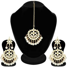 img 1 attached to 💍 Aheli Exquisite Indian Traditional Wedding Faux Kundan Beaded Maang Tikka with Earrings for Women: Ethnic Fashion Jewelry Set