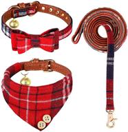 🐶 classic plaid bow tie collar set for dogs - 3 pcs: cute collar with bell, adjustable puppies bandana and collars for small & medium dogs in red logo