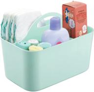 mdesign nursery storage caddy tote – divided bin with handle for kids – holds baby bottles, spoons, bibs, pacifiers, diapers, wipes, lotion – small size – lumiere collection – mint green logo