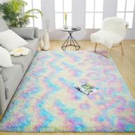 🌈 ucomn fluffy velvet rainbow area rug - colorful and cute home decor for girls kids, plush indoor carpet for living room, bedroom, nursery - 5'x 8’ rainbow logo