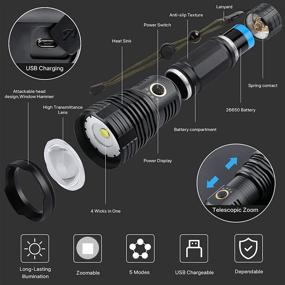 img 1 attached to High Lumens Rechargeable LED Flashlights - 90000 Lumens Super Bright Tactical Flashlight with 5 Light Modes, Zoomable, Waterproof for Hiking, Camping, and Cycling (Black)
