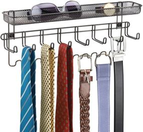 img 4 attached to 🧺 mDesign Closet Wall Mount Men's Accessory Storage Organizer Rack - Holds Belts, Neck Ties, Watches, Change, Sunglasses, Wallets - 19 Hooks and Basket - Bronze