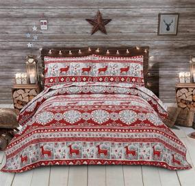 img 4 attached to 🦌 Moose Xmas Quilts: King Size Christmas Reindeer Bedding Sets for Lodge Cabin, Lightweight Rustic Elk Snowflake Bed Cover, Red Grey Stripe Quilt Set