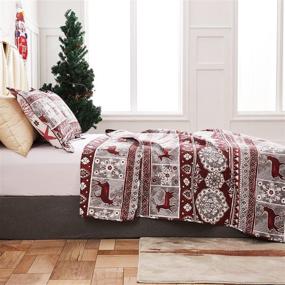 img 3 attached to 🦌 Moose Xmas Quilts: King Size Christmas Reindeer Bedding Sets for Lodge Cabin, Lightweight Rustic Elk Snowflake Bed Cover, Red Grey Stripe Quilt Set