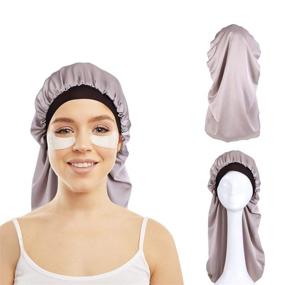 img 4 attached to 🎀 Girzzur Double Layer Extra Long Satin Bonnet for Braids - Grey Satin Hair Sleep Cap and Silky Dreadlock Cover