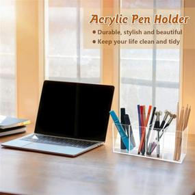 img 3 attached to 🗄️ COYMOS Clear Desk Pencil Holder with 4 Compartments, Acrylic Stationery Organizer, Pencil Cup Desk Organizer, Cosmetic Brush Storage Box, for Office, Dorm, Bathroom, Kitchen