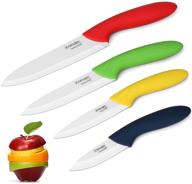 🔪 knendet ceramic knife set - 4 piece ultra sharp professional kitchen chef knives | stain resistant | multicolor handles + sheath covers | ideal for cooking vegetables, fruits, and bread logo