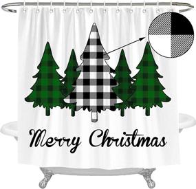 img 2 attached to 🎄 Wencal Merry Christmas Buffalo Check Plaid Trees Shower Curtain: Farmhouse Bathroom Decor with Hooks - Black and White, 72 x 72 Inches