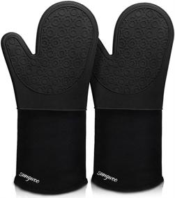 img 4 attached to 🧤 14.6 Inch Black Silicone Oven Mitts - sungwoo Extra Long Durable Heat Resistant Gloves with Quilted Liner, Non-Slip Textured Grip for BBQ, Baking, Cooking, and Grilling - 1 Pair