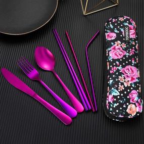 img 2 attached to 🍽️ Portable Cutlery Set for Traveling, Reusable Silverware with Waterproof Case - Lunch Boxes, Workplace, Camping, School, Picnic (FlowerCase/Purple)