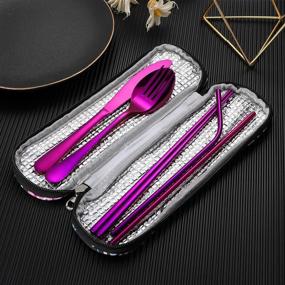 img 1 attached to 🍽️ Portable Cutlery Set for Traveling, Reusable Silverware with Waterproof Case - Lunch Boxes, Workplace, Camping, School, Picnic (FlowerCase/Purple)