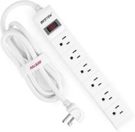 bestek 6-outlet power strip with 6 feet extension cord: surge protector, 1875w, 15a, 200joules, desktop charging station, ultra-compact wide spaced multi outlets plugs sockets, right angle flat plug - white logo