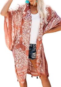 img 4 attached to Sidefeel Tassel Kimono Cardigan Orange Women's Clothing for Swimsuits & Cover Ups