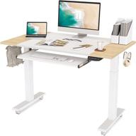 fezibo dual motor height adjustable electric standing desk with keyboard tray | 48x24 inch sit stand table | splice board | white frame/natural and white top logo