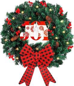 img 4 attached to 🎄 24 Inch Funarty Joy Christmas Wreath with 50 LED Lights - Artificial Xmas Front Door Wreath with Pinecones, Red Berries, and Bowknot Ornaments - Party, Home, Wall, Indoor, Outdoor Holiday Decor