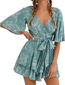 img 2 attached to 🌺 AIMCOO Women's Floral Print V Neck Romper with Short Flared Sleeves, Waist Tie, Layered Ruffle Hem - Summer Jumpsuit Dress Look