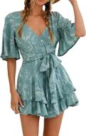 🌺 aimcoo women's floral print v neck romper with short flared sleeves, waist tie, layered ruffle hem - summer jumpsuit dress look logo