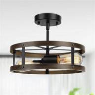 🏭 vintage industrial farmhouse semi flush mount ceiling light: 2-light metal cage lamp with wood and matte black finish логотип