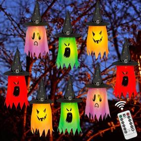 img 4 attached to 🎃 Halloween Hanging Witch Ghost Hats Decorations - Twinkle Star 8 PCS Lighted | Remote Control String Lights with 8 Lighting Modes | Glowing Witch Hat for Garden, Yard, Tree | Indoor Outdoor Use