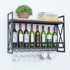 img 2 attached to 🍷 Industrial Wall Mounted Wine Rack with 8 Stem Glass Holder - Rustic Metal Hanging Wine Holder-Mount Bottle Holder Glass Rack-Wood Shelves Wall Shelf Wine Accessories (31.5in, Black)