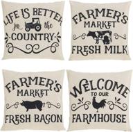 🐮 farm animal farmhouse throw pillow covers - retro fresh farmer's market truck with rustic country quotes decorative cushion cases for sofa couch - set of 4, 18x18 логотип