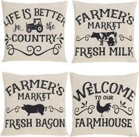 img 4 attached to 🐮 Farm Animal Farmhouse Throw Pillow Covers - Retro Fresh Farmer's Market Truck with Rustic Country Quotes Decorative Cushion Cases for Sofa Couch - Set of 4, 18x18