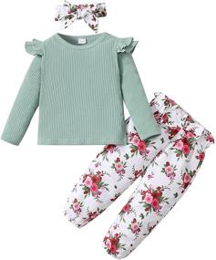 img 4 attached to 👧 Adorable Toddler Girl Clothes Set: Long Sleeve Ruffled Tops + Floral Pants Headband - 18M to 5T