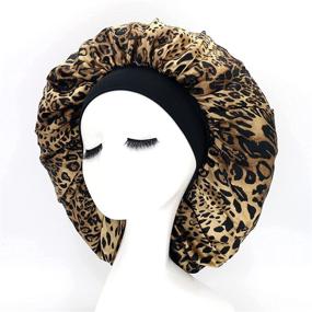 img 1 attached to 🌙 Extra Large Silk Satin Bonnet Sleep Cap with Wide Elastic Band for Women with Curly Natural Long Hair - Durable & Reusable (Leopard Design) - A Must-Have for Better Haircare