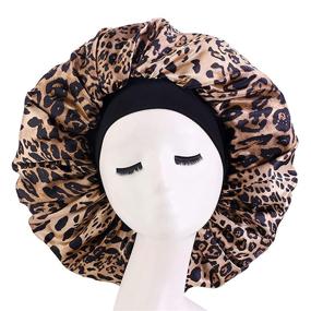 img 4 attached to 🌙 Extra Large Silk Satin Bonnet Sleep Cap with Wide Elastic Band for Women with Curly Natural Long Hair - Durable & Reusable (Leopard Design) - A Must-Have for Better Haircare