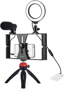 img 4 attached to PULUZ Vlogging Kit: 4-in-1 Smartphone Video Rig, LED Selfie Light, Microphone, Tripod Mount - Red