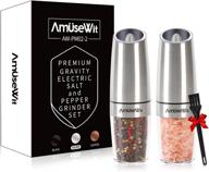 🧂 amusewit gravity electric salt and pepper grinder set with white light - convenient battery operated automatic mills with adjustable coarseness and one-handed operation - includes utility brush and durable stainless steel design logo