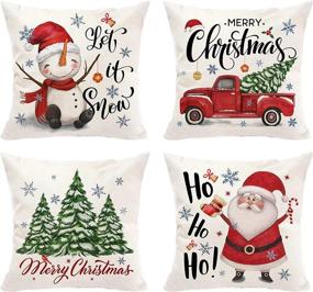 img 4 attached to Set of 4 Christmas Pillow Covers 18x18 - Santa Truck, Tree, Snowman Decorative Pillows for Winter Holiday Home Decor - Farmhouse Rustic Style for Sofa, Couch, Bedroom - Indoor/Outdoor Use