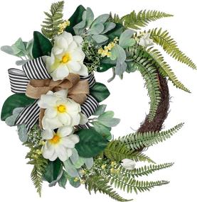 img 4 attached to 🌼 Valery Madelyn 24-inch Fall Magnolia Flower Wreath with Fern Leaves, Spring/Summer Half Coverage Wreath for Front Door, Large Artificial Floral Wreath for Porch, Window, Wall, Home Decor