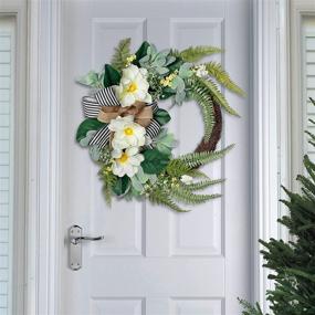 img 3 attached to 🌼 Valery Madelyn 24-inch Fall Magnolia Flower Wreath with Fern Leaves, Spring/Summer Half Coverage Wreath for Front Door, Large Artificial Floral Wreath for Porch, Window, Wall, Home Decor